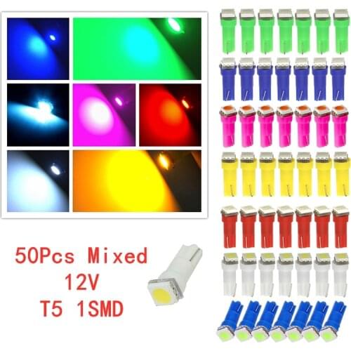 50Pcs 7color Mixed T5 1SMD 12V Blubs Wedge Dashboard LED Lights Bulbs Car Lnstrument Indicator AC Lamp Auto Interior Accessories