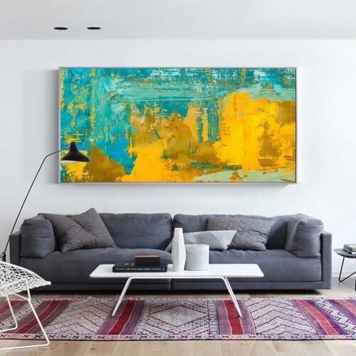 Abstract Wall Art Decorative Canvas Prints Golden And Turquoise Color Canvas Art Painting Abstract Picture For Living Room Wall