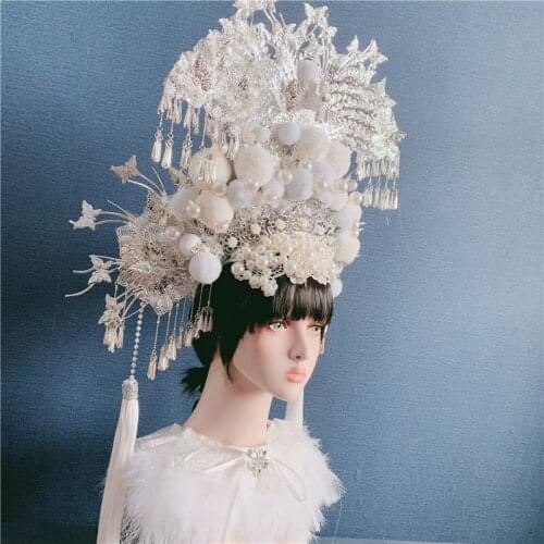 White tassel opera hats for women Exaggerated Personality Stage Show Model hats for photography queen cosplay princess head wear