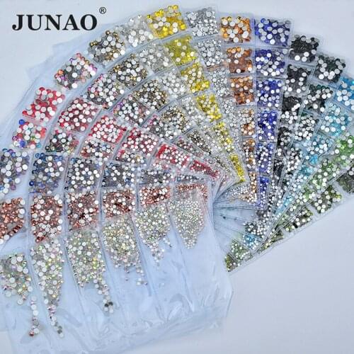 JUNAO SS6 8 10 12 16 20 Mix Size Crystal AB Glass Nail Rhinestone Stickers Round Flatback Strass Crystal Nail Art Decoration