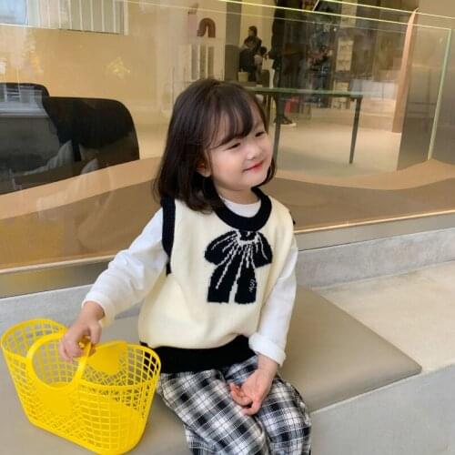 Children Knitting Vest Autumn 2021 New Cute Cartoon Printing Preppy Style Patchwork Vest Girls and Boys Casual Knitting Vest