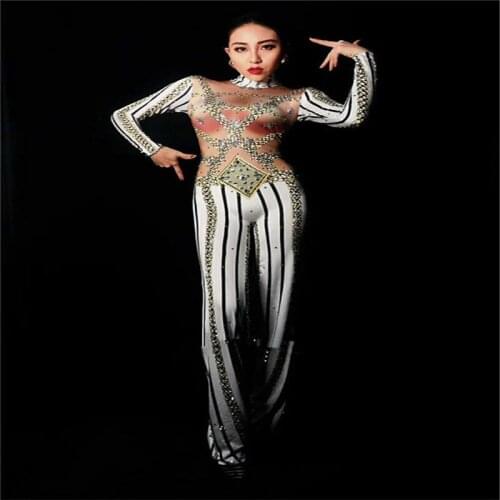 F22 Party club stage show wears bodysuit Striped straight long jumpsuit trousers models singer wears outfit party dress club
