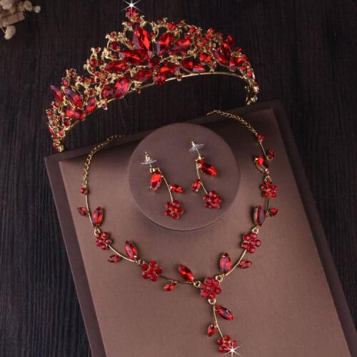Baroque Vintage Gold Red Wedding Crown Tiaras Crystal Flower Bridal Jewelry Sets African Beads Jewelry Set Earrings Necklace Set