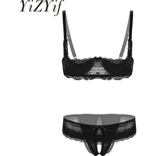Sexy Women Lace Lingerie Set 1/4 Cup Unlined Shelf Bra with Low Rise Crotchless Briefs Underwear see through sheer lingerie set