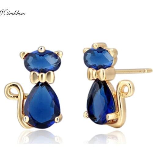 Cute Blue CZ Bow Kitty Cats Gatos Stud Earrings for Women Children Girls Kids Yellow Gold Color Jewelry Aros