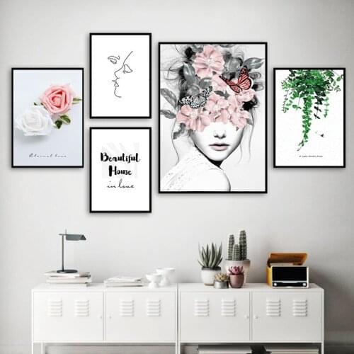 Flower Leaf Girl Rose Wall Art Canvas Painting Nordic Quotes Posters And Prints Line Drawing Wall Pictures For Living Room Decor