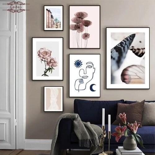 Rose Flowers Building Face Lines Posters and Prints Nordic Wall Art Canvas Painting Geometric Art Pictures for Living Room Decor