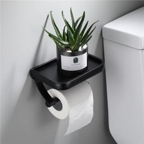 Wall Mounted Black Toilet Paper Holder Tissue Paper Roll Holder with Phone Storage Shelf Bathroom Accessories