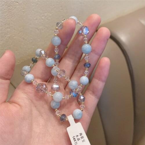New Style 14K Gold Filled Sky Blue Crystal Aquamarine Double Circle Beaded Bracelets Women Fashion Jewelry Accessories YBR434