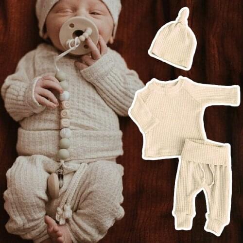 Autumn Winter Waffle Baby Outfit Neutral Baby Girls Boys Long Sleeve Clothes Pant Beanies Soft Home Outfit Ropa Bebe 3pcs/set