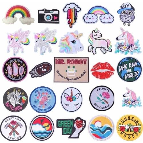 Pulaqi 10PCS Wholesale Stock Unicorn Mr.robot Rainbow Iron On Patches For Clothes Embriodered Patch DIY Decoration F