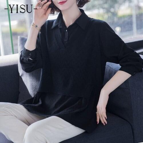 YISU New Fake two-piece Womens sweater Solid color Shirt collar Spring tops Long sleeves Jumper Female Casual Knitted pullover