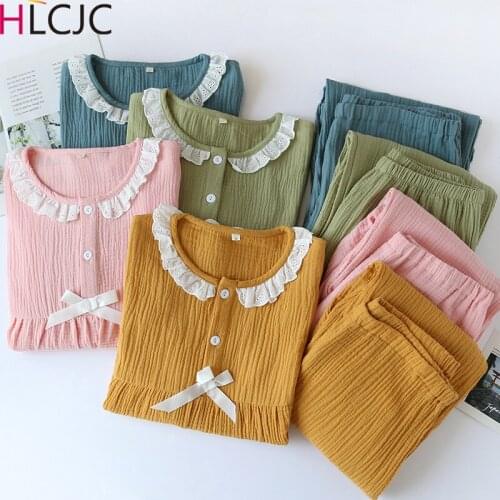 Spring Lace Cotton Crepe Doll Collar Pajamas for Women Long Sleeve Trousers Two Piece Set Loose Breathable Sweat Pyjamas Femme