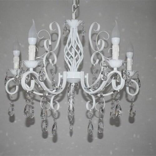 Vintage Wrought Iron Crystal Chandelier White Ceiling lamp E14 Candle Lights Lighting Fixture