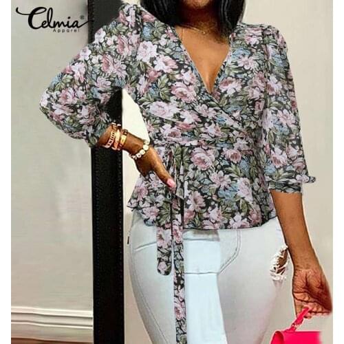 Celmia Sexy V-neck Flower Printed Shirts Women Fashion Blouse 2021 Summer Casual 3/4 Sleeve Elegant Belted Ruffles Tunic Top 5XL