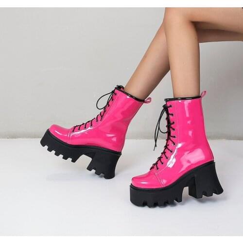 2021 Patent Leather Womens Shoes Spring Autumn Cross Tied Mid Calf Boots Lady Platform Thick High-Heel Winter Motorcycle Boots
