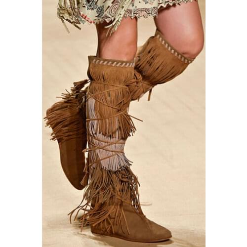 Newest Top Quality Tassel Lace Up Knee High Boots Women Flats shoes woman Long Suede Boots Size 34-42 Real Picture Warm Boo