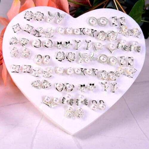 Heart Animal Simulated Pearl Stud Earrings Set for Women 36 Pairs/lot Mixed Style Metal Flower Girl earring Jewelry Gifts