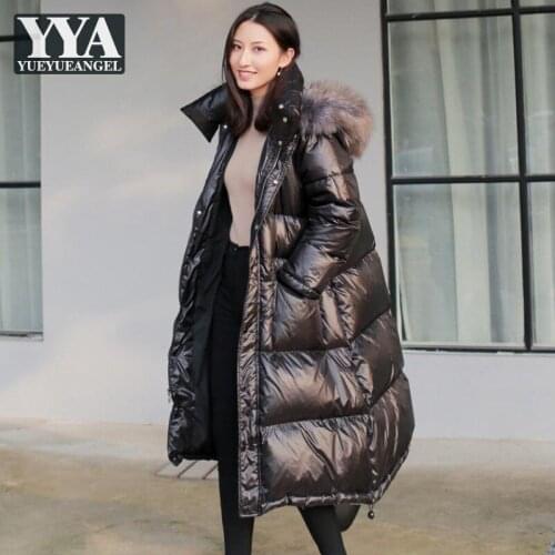 Women Down Coat Winter Thick Warm White Duck Down Loose Fit X-Long Hooded Outerwear Cold Jacket Street Fashion Female Overcoat