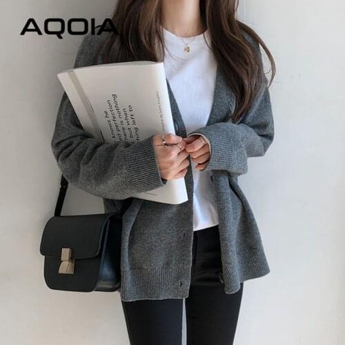 Autumn winter Korean style Solid Color Women Knitted Sweaters Cardigans Long Sleeve Button Up Loose Plus Size Female Sweater