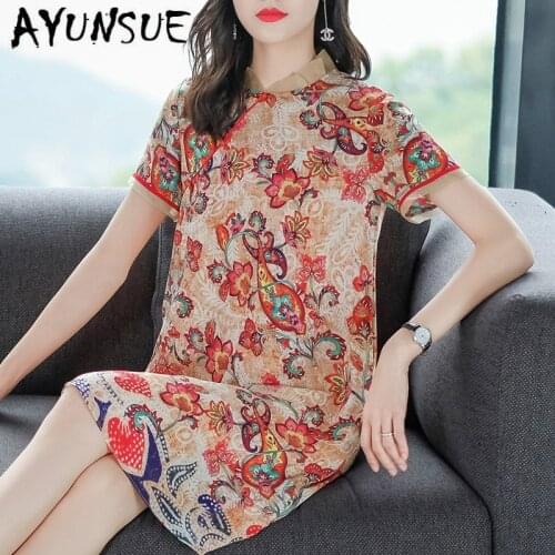 Real Silk Dress Women Summer Dress Korean Vintage Print Beach Dress Elegant Party Dresses Woman Vestidos Mujer 19387 YY2742