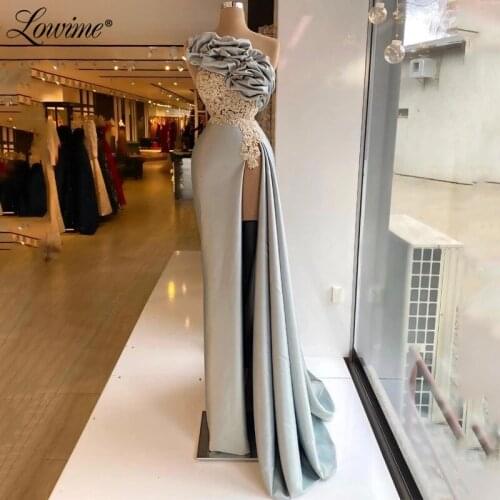 Robes Dubai Strapless Beading Lace Formal Evening Dresses 2021 Saudi Arabia Illusion High Split Satin Women Party Gowns Vestidos