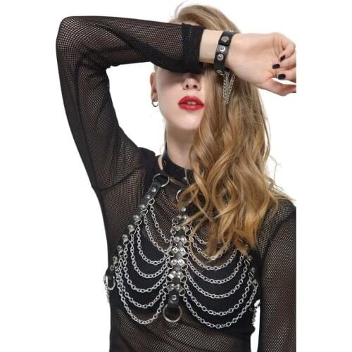 100% Handmade Women Star Pentagram Chain Metal Leather Women Harness Fetish Punk Gothic Link Leather Waist Belt Suspender Straps