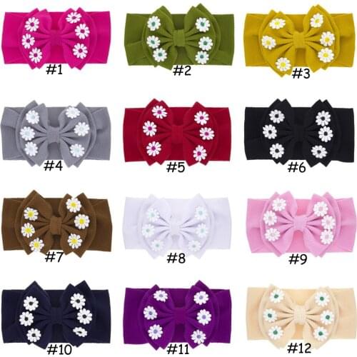 12 Pcs/Lot, Daisy Flower Big Floppy Bow Turban Headband, Double Layered Fabric Bow Headwrap, Baby Girls Hair Accessories
