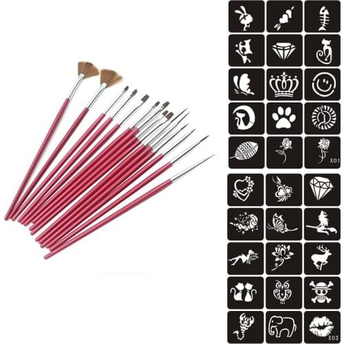 15PCS Face Body Paint Brushes With Henna Stencils Set Professional Nylon Hair Painting Nail Brush For Body Art Tattoo Templates