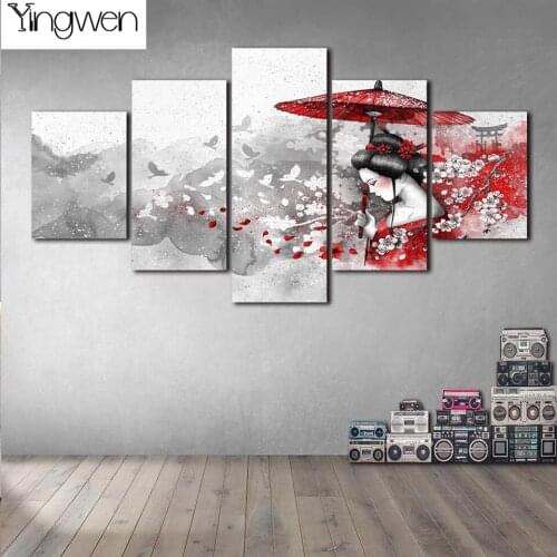 DIY Diamond Painting 5 Panels Japanese Style Geisha Woman Diamond Embroidery Cross Stitch Kits Rhinestone Pictures Mosaic Home