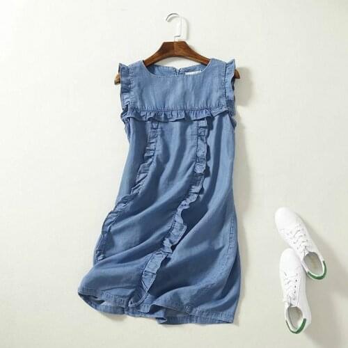 High Waist Sleeveless Mini Soft Jeans Dress Women Frilled Ruffles Casual Summer Sundress Short Denim Beach Dress Cotton