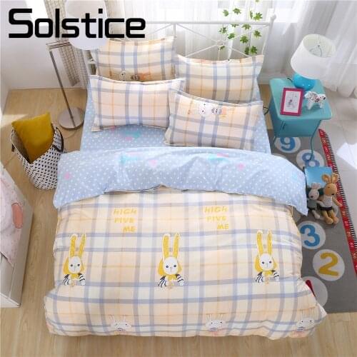 Solstice Home Textile Naughty Lovely Rabbit Pattern Printing Solid Color Bedding Sets Duvet Cover Pillowcase Bed Sheets 3/4pcs