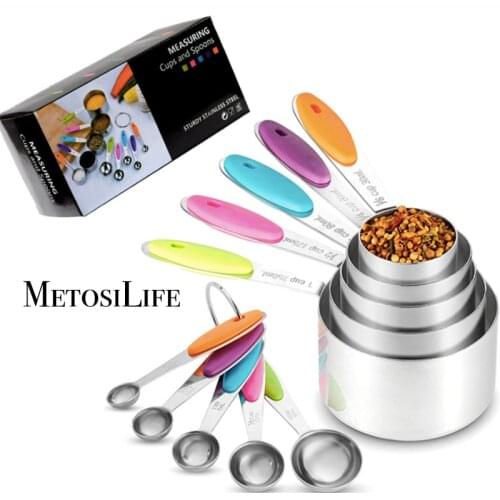 10 Piece Stainless Steel Kitchen Measuring Cups and Spoons Set with Scrub Sponge For Baking Tea Coffee Measuring Tools
