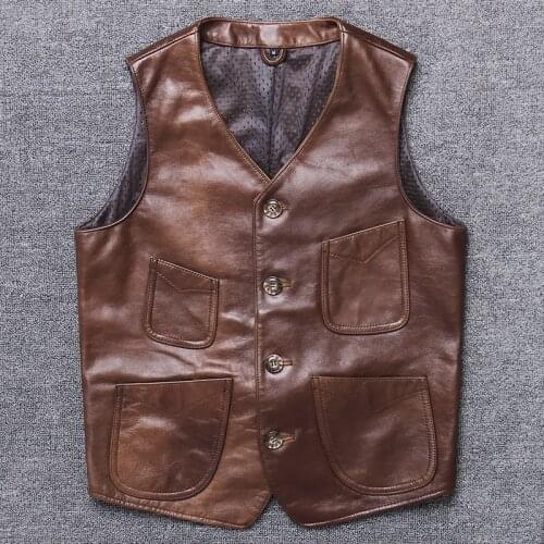 Vintage Genuine Leather Jacket Men Real Cow Leather Vest Casual Business Mens Leather Jacket Moto Biker Fit Outwear 1821