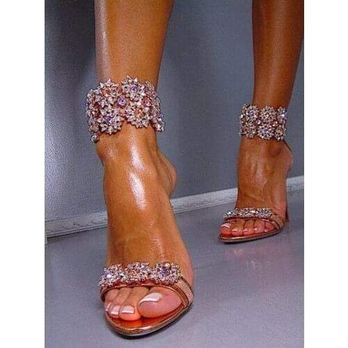 2017 Newest Luxious Rhinestone Flower Women Dress Sandals Sexy Open Toe Ladies Fashion High Heels Ankle Buckle Female Party Shoe