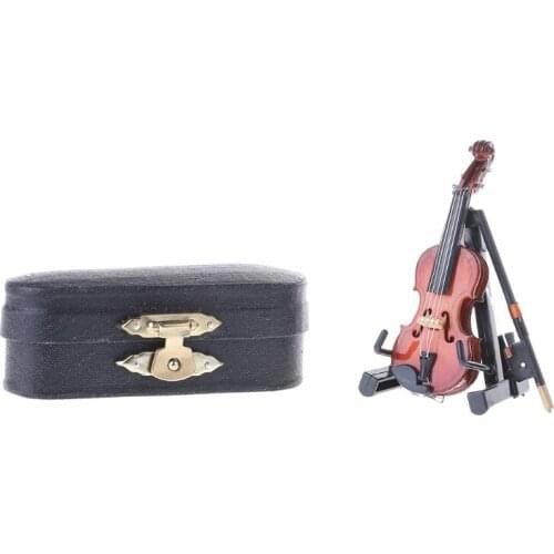 New 1 Set 7CM Mini Violin Miniature Musical Instrument Wooden Model with Support and Case