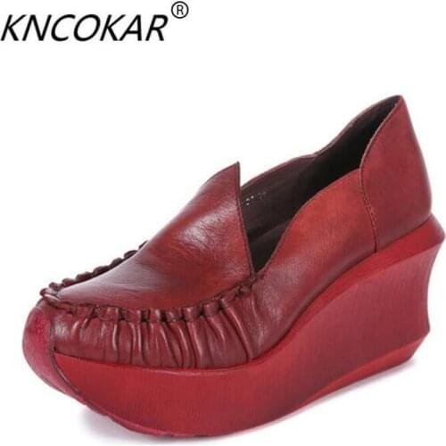 KNCOKAR New style 2018 four seasons shoes slope heel genuine leather original manual garden height single shoe