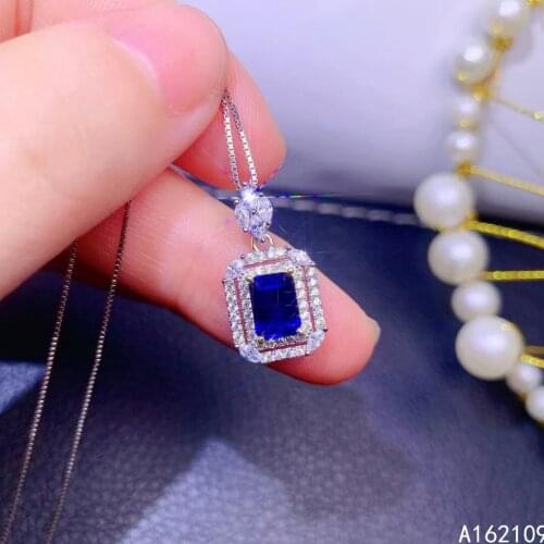Fine Jewelry 925 Sterling Silver Inset With Natural Gemstone Womens Popular Trendy Rectangle Sapphire Pendant Necklace Support