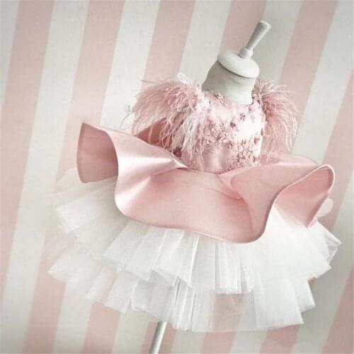 Flower Girl Dresses For Weddings Pink Lace Ruffles O-neck Ball Gown Sleeveless Knee Length First Communion Pageant Gowns