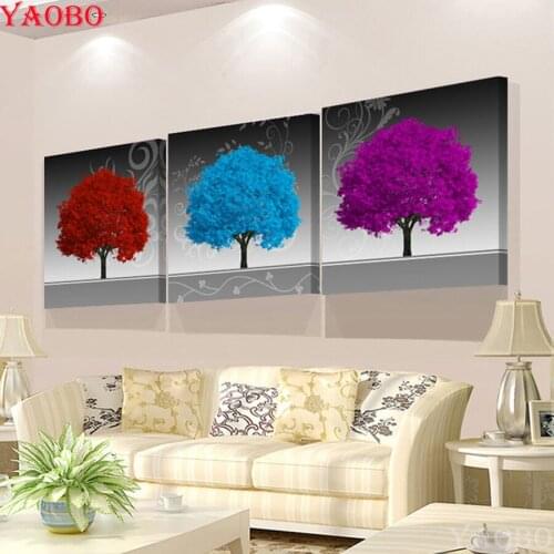 Full square round 5D DIY Diamond Painting Cross Stitch 3 Piece Red Blue Tree landscape diy diamond Embroidery Crafts Mosaic Kit