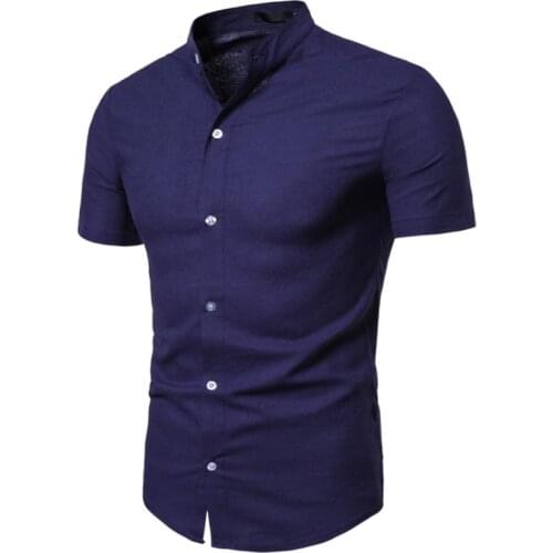 Chinese Style mens cotton linen shirts short sleeved mens shirts mandarin collar solid European size red casual shirt male