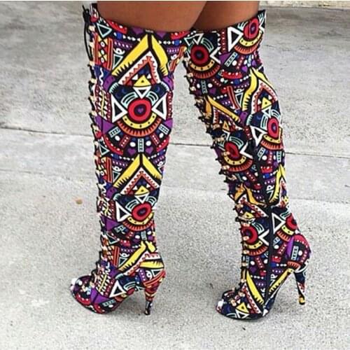 Women Boots Shoes Multi Folk Printing Thigh High Boots Mixed Colors Lace Up Ladies Peep Toe Over The Knee Long Boots