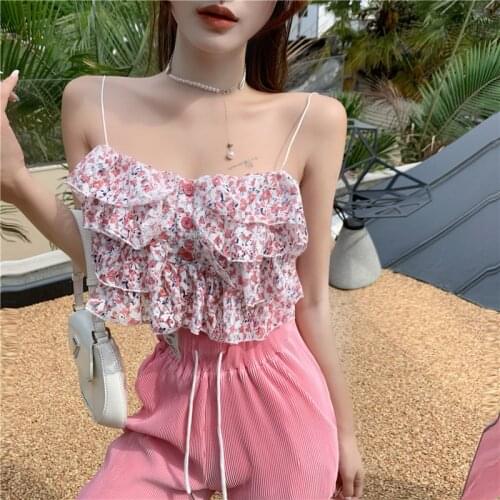 Folds Sling Women Camisoles Tube Top Ruffle Skinny Cropped Tops Pink Stretch Camis Sexy Backless Tank Tops Female Clothes INS