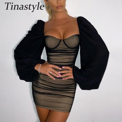 Tinastyle Mesh Patchwork Sexy Ruched Dress for Women New Year 2021 Lantern Sleeve Bodycon Short Party Dress Elegant Club Clothes