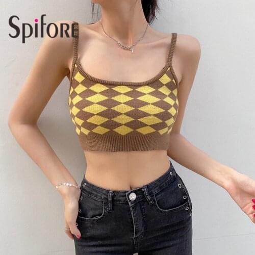 Spifore Geometric Plaid Top Y2K Knit Sexy Club Party Women Outfits Summer Sleeveless Bodycon Crop Tops Female