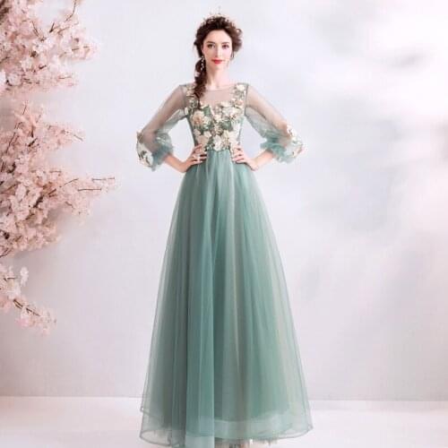 Evening Dresses Illusion O-Neck Full Appliques Beading Pearls Embroidery Tulle Lace Luxury Green Women Formal Party Gown TS099
