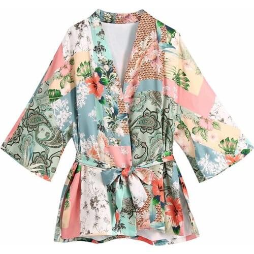Nice Sweet Women V Neck Bow Lace Jacket New Summer Vogue Ladies High Street Coat Female Printed Japanese Kimono Top