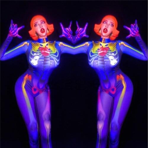 Nightclub Bar Dance Party GOGO Costume Sexy Fluorescent Colorful Printed Jumpsuit Halloween Cosplay Costume For Women DWY4439