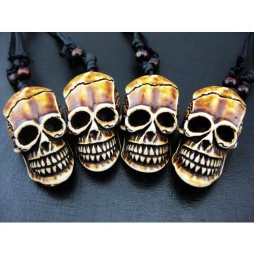 FREE SHIPPING 15 PCS Retro Imitation bone powder brown skulls rope biker cool Necklace