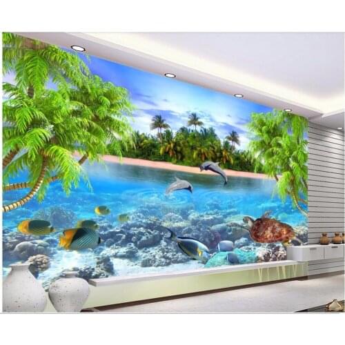 Custom photo 3d room wallpaper Sea beach coconut dolphin turtle home improvement room 3d wall murals wallpaper for walls 3 d